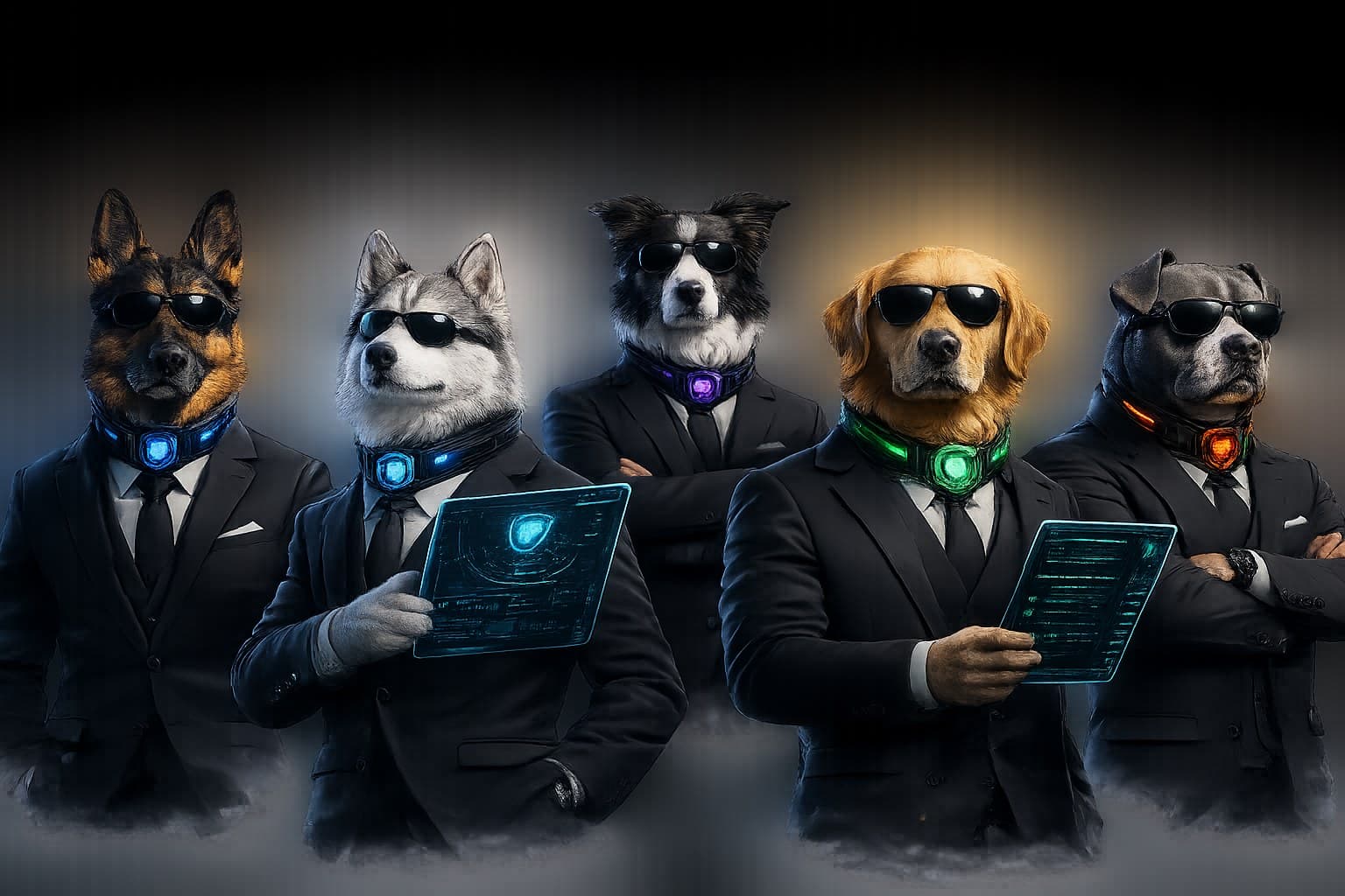ฝูง K9 ทั้ง 5 — Shepherd, Bangkaew, Collie, Retriever, Pitbull